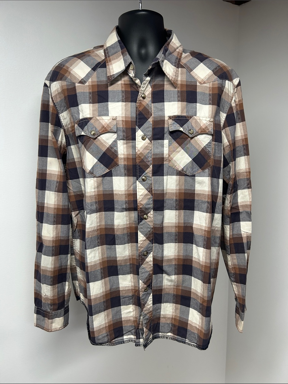 American Eagle Vintage Fit Brown Plaid Western Pearl Snap Shirt Mens XL